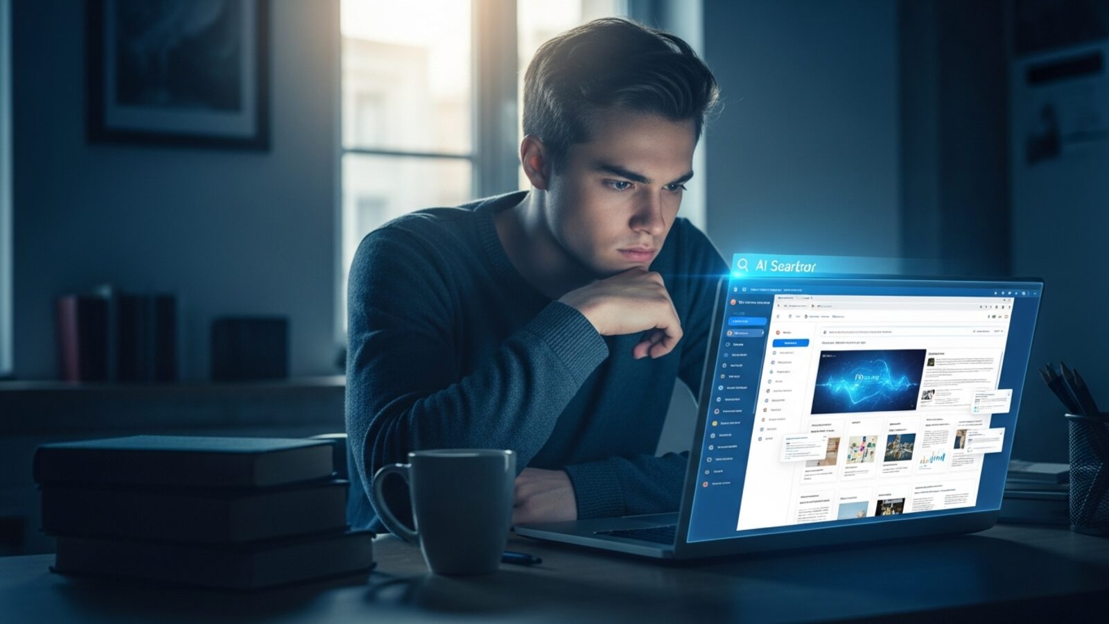 Studente che fa ricerca su laptop con interfaccia di ricerca AI e più fonti aperte
