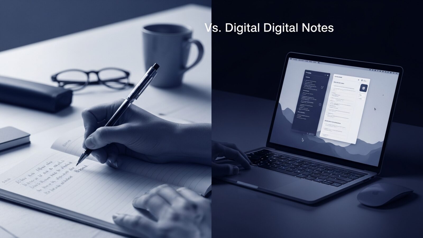 Scena divisa: una mano scrive su quaderno, accanto un laptop con app per appunti