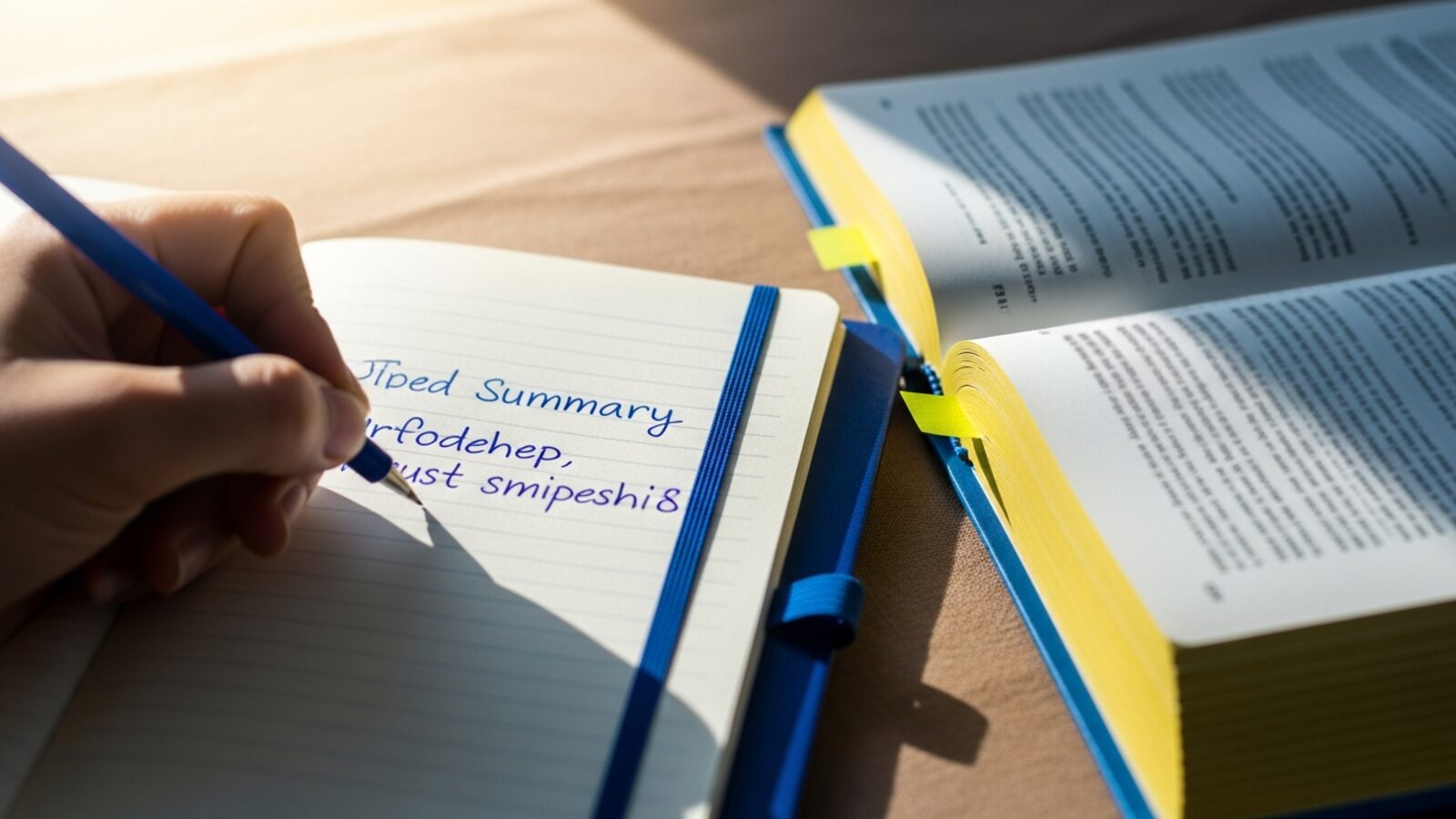 Mano di studente che scrive un riassunto a fianco di un libro evidenziato, vista dall'alto