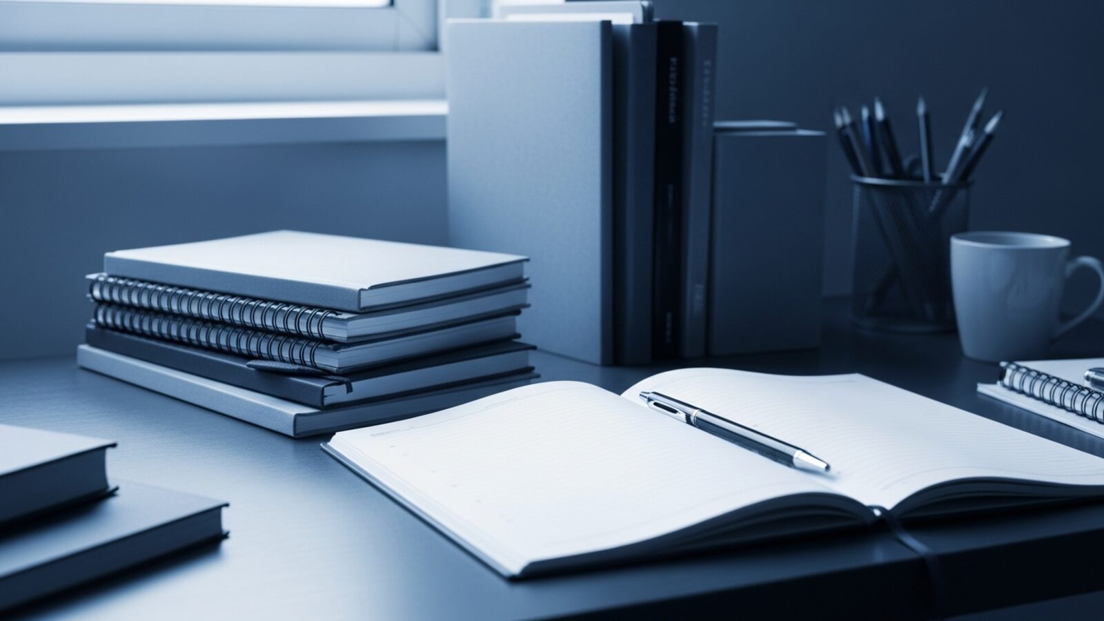Scrivania con quaderni di varie materie ordinati in pile, planner aperto