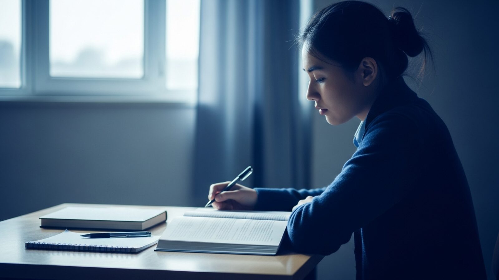 Studente che fa un respiro profondo prima di iniziare a studiare alla scrivania, luce del mattino