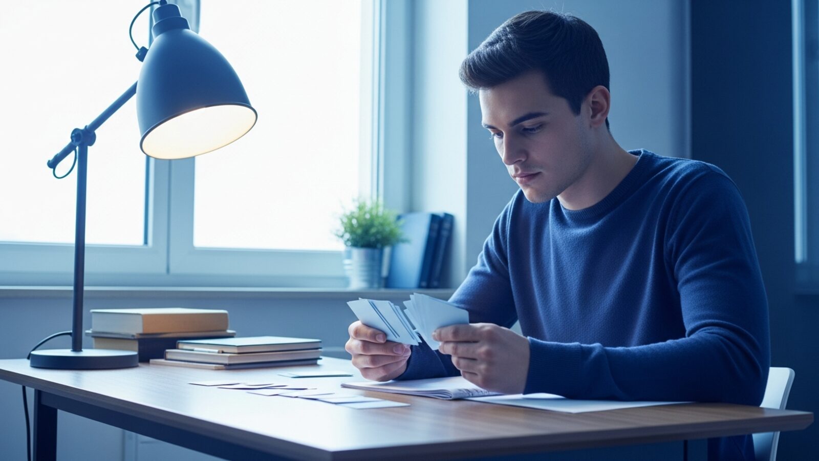 Studente che ripassa flashcard alla scrivania con luce naturale, concentrato e sereno
